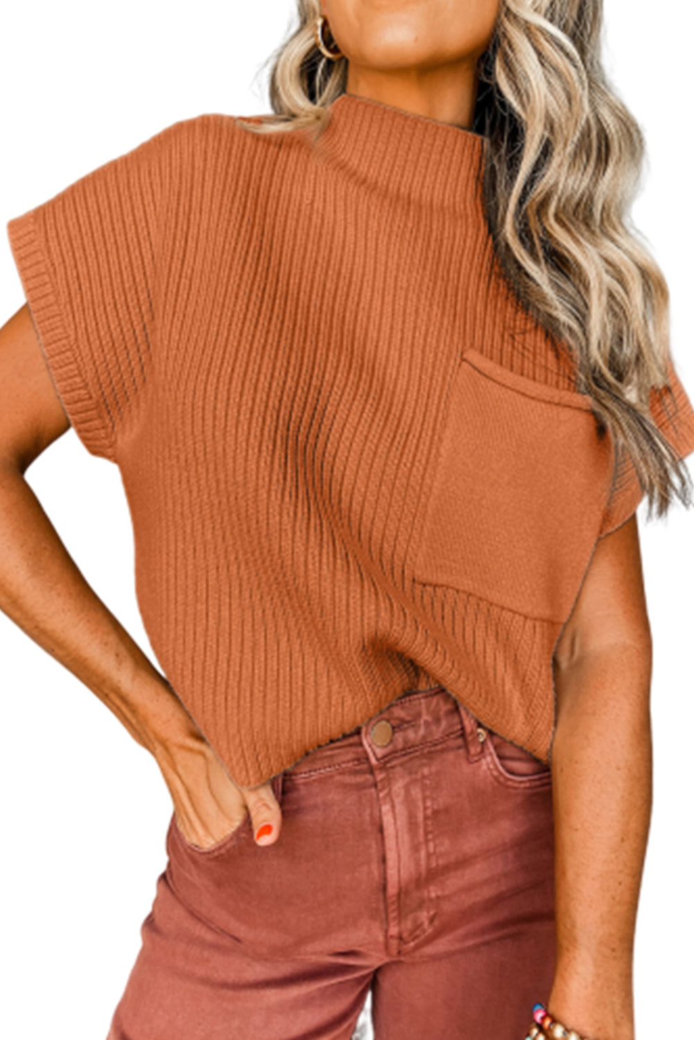 Beau Blue Patch Pocket Ribbed Knit Short Sleeve Sweater