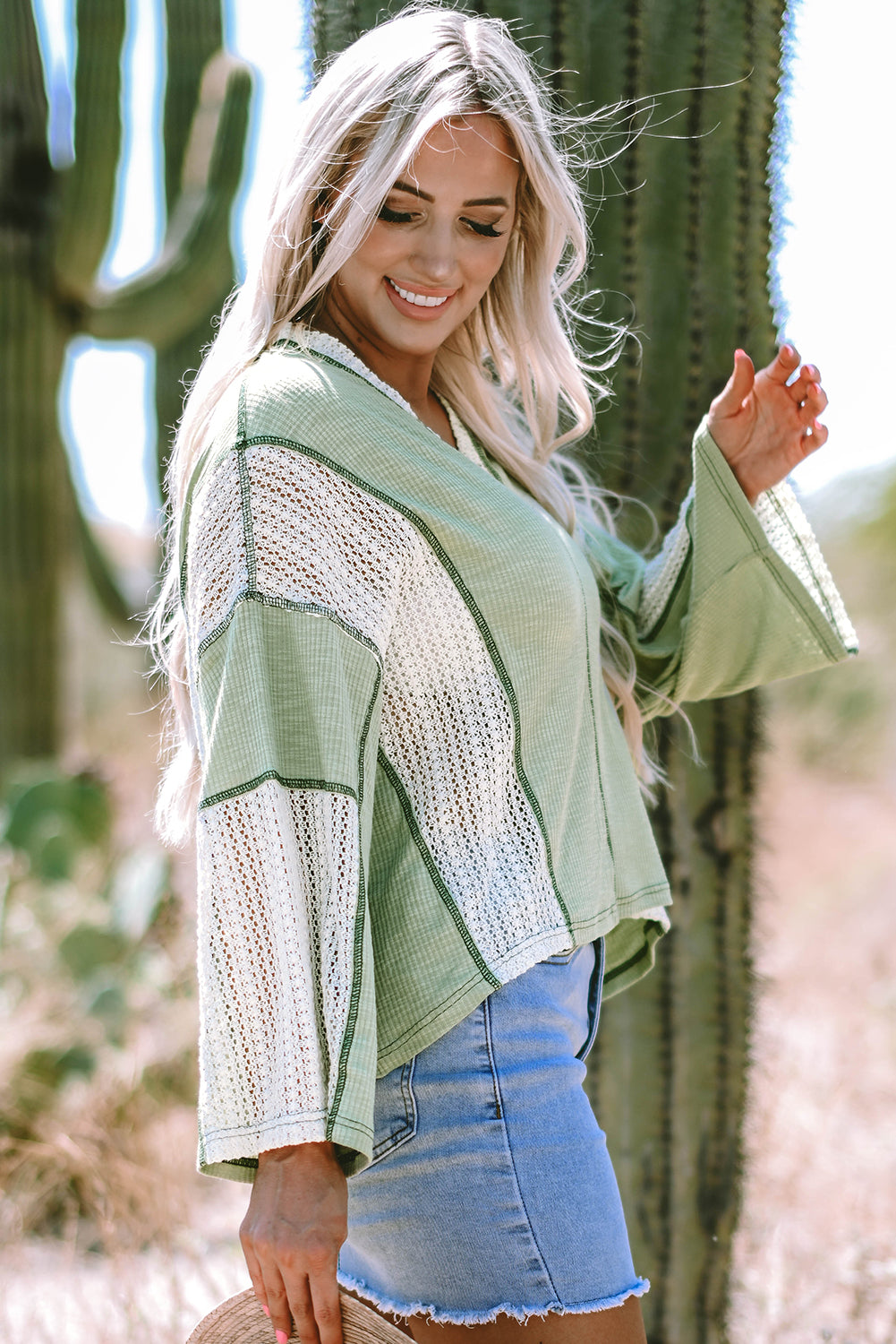 Parchment Crochet Detail Exposed Seam High Low Loose Top