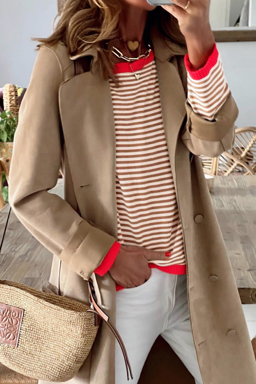 Fiery Red Contrast Trimmed Striped Drop Shoulder Sweater