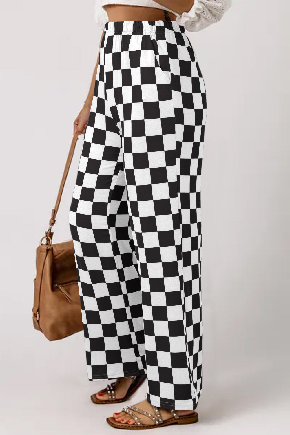 Green 2-Tone Checked Print High Waist Wide Leg Pants