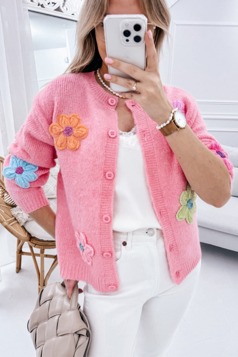 White Cute Knitted Floral Pattern Button Up Cardigan