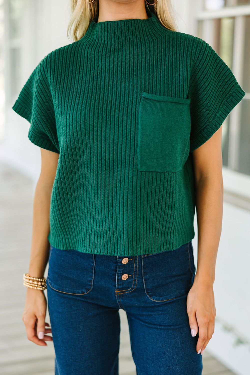Beau Blue Patch Pocket Ribbed Knit Short Sleeve Sweater