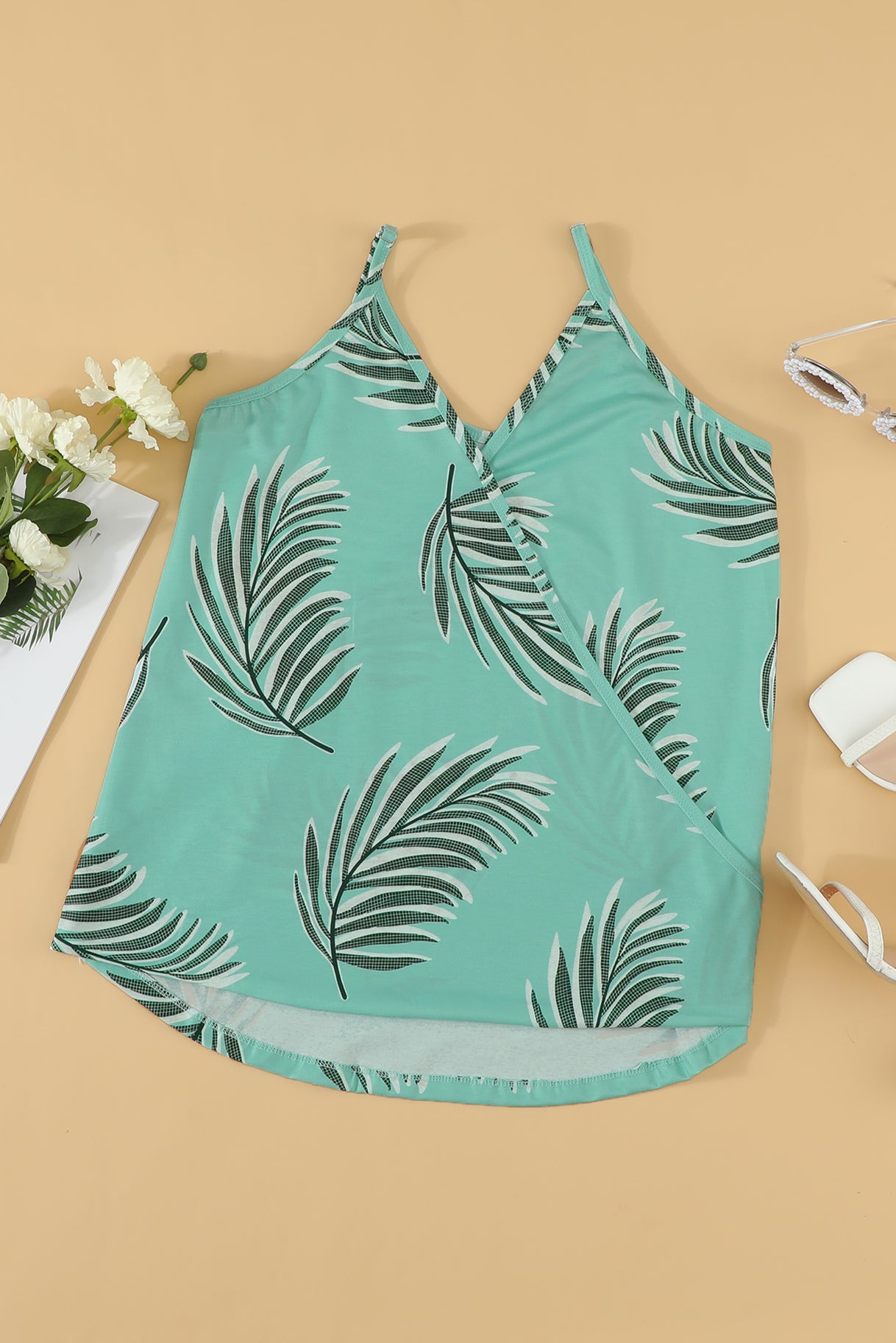 White Tropical Plant Print Tank Top