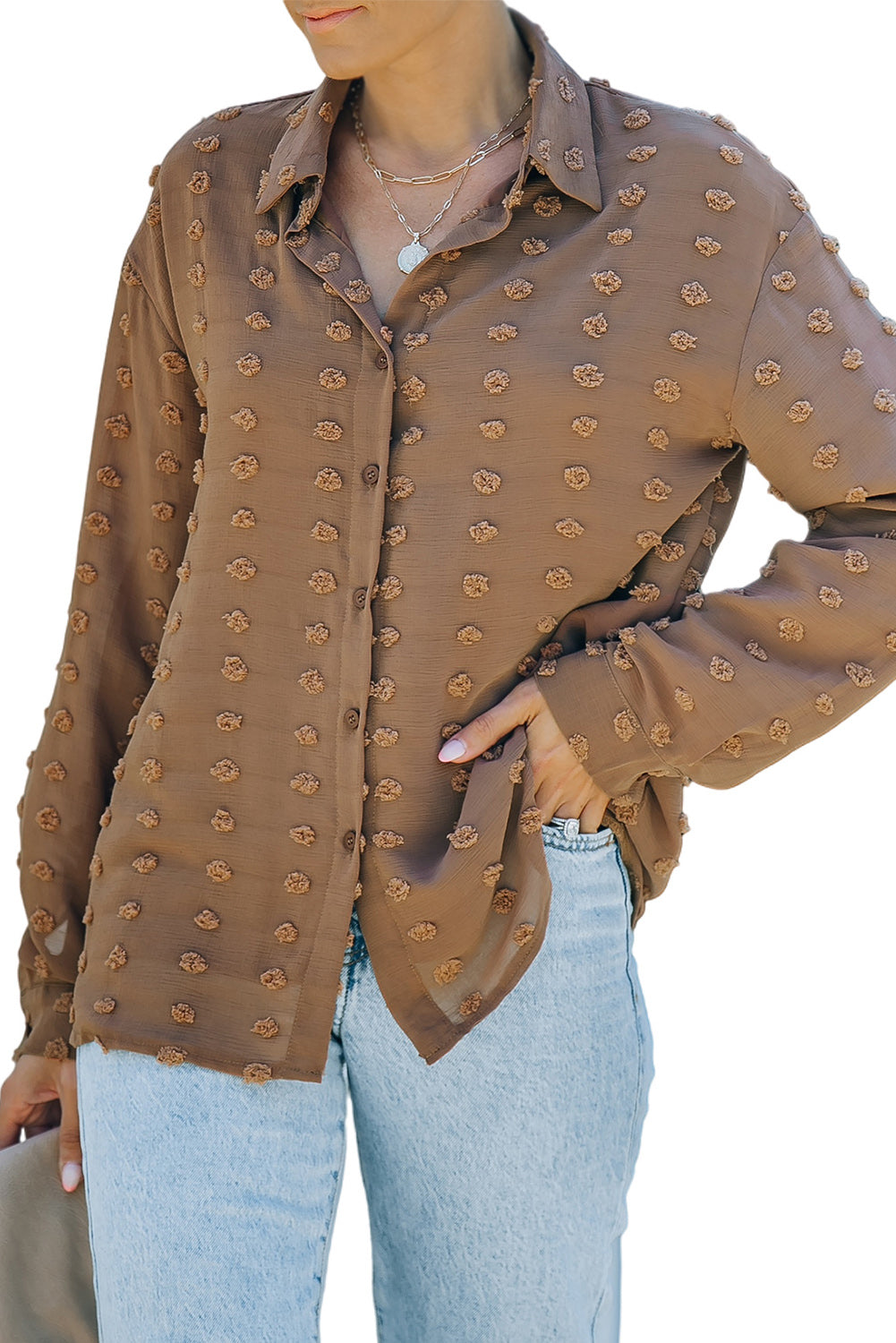 Gray Long Sleeve Button Fuzzy Polka Dot Shirt