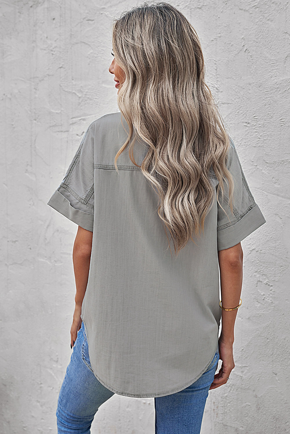 Green Turn-down Collar Short Sleeve Denim Shirt