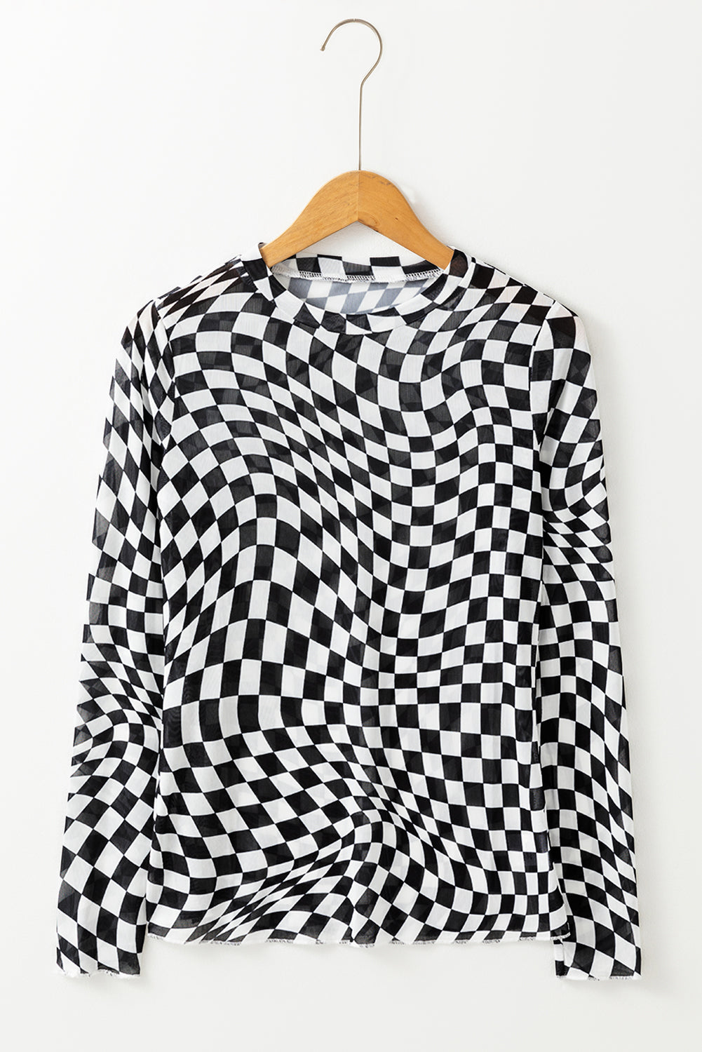 Khaki Checkered Pattern Mesh Mock Neck Long Sleeve Top