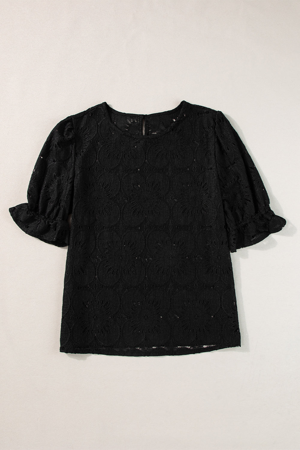 Bright Pink Flower Eyelet Jacquard Keyhole Flounce Sleeve Top