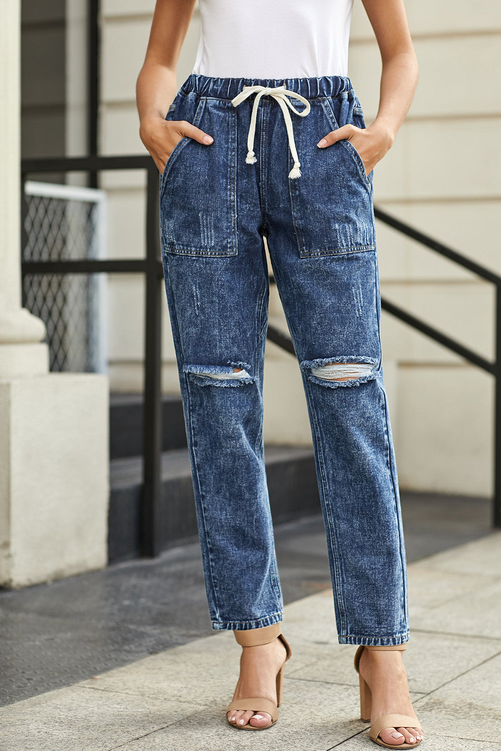 Sky Blue Gather Round Distressed Pocketed Denim Jogger