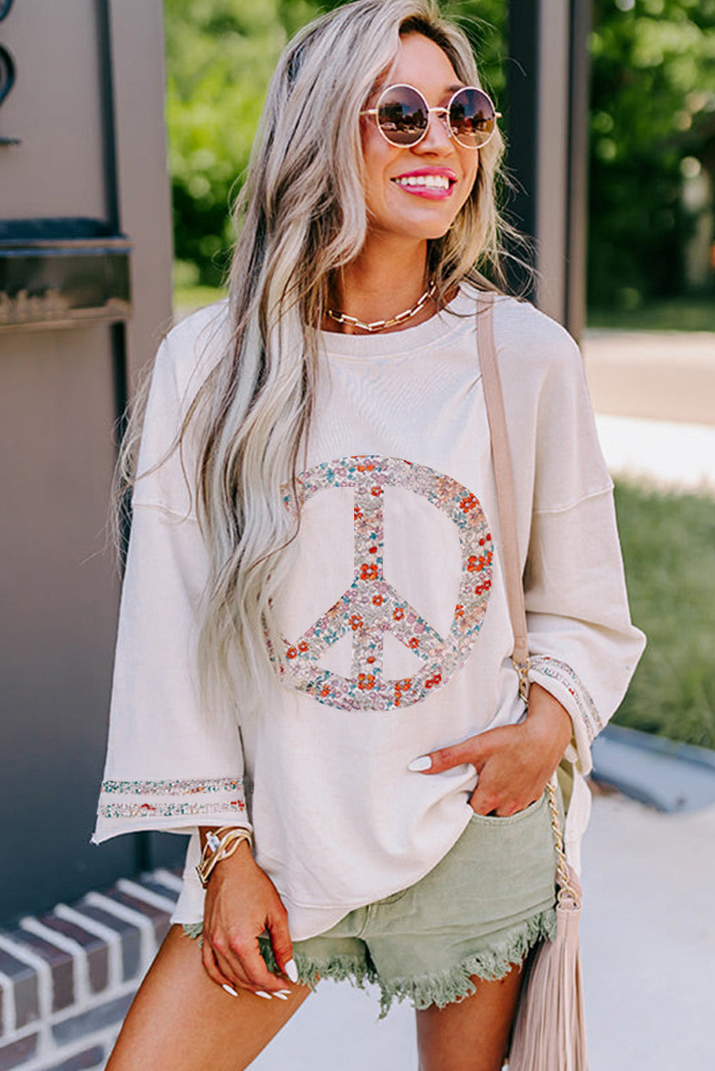 Light Pink Floral Peace Sign Graphic Drop Shoulder Wide Sleeve Casual Top