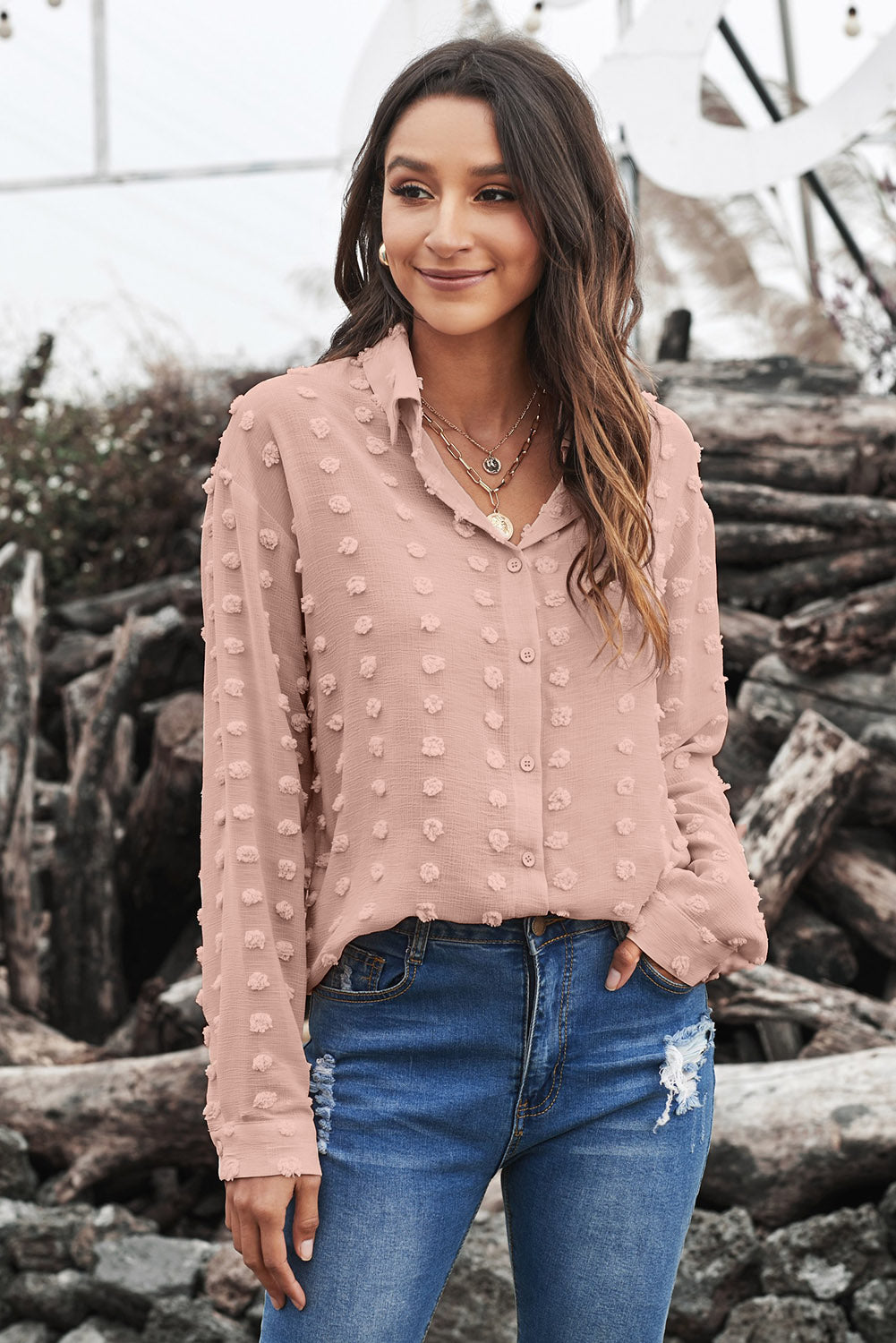 Gray Long Sleeve Button Fuzzy Polka Dot Shirt
