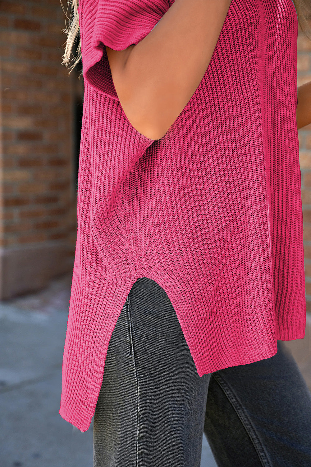 Haze Blue Short Sleeve Side Slit Oversized Sweater