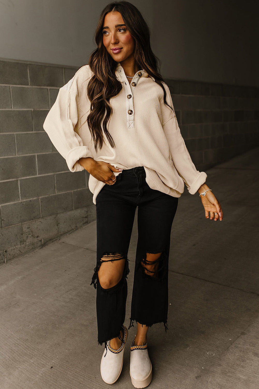 Smoke Green Waffle Long Sleeve Collar Half Button Loose Top