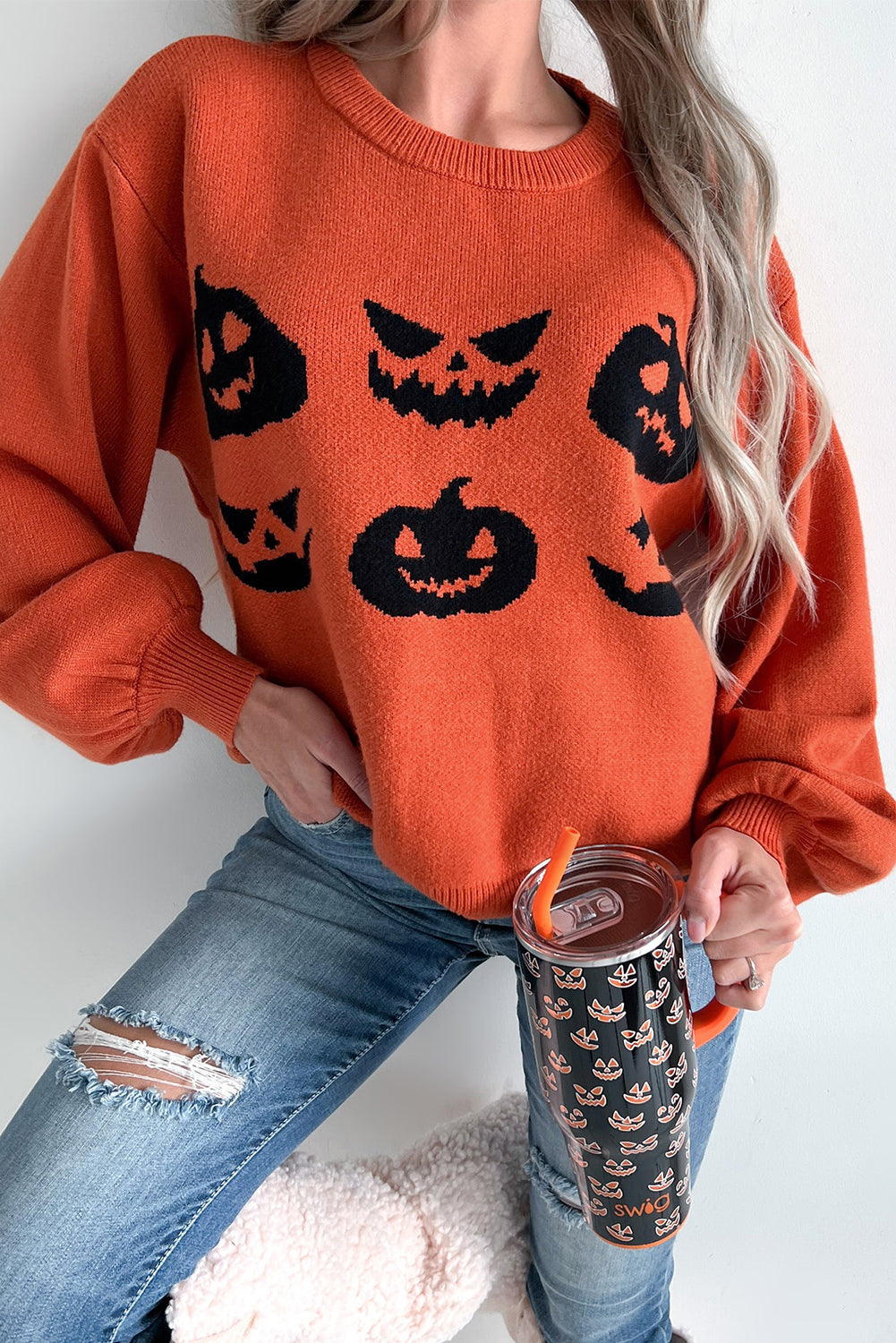 Black Halloween Pumpkin Face Pattern Drop Shoulder Sweater