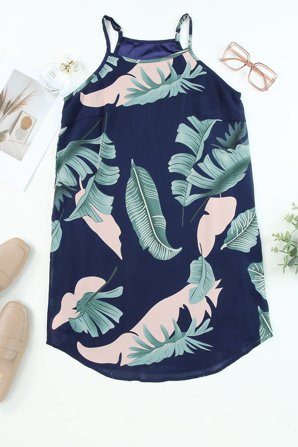 Palm Tree Leaf Print Navy Sleeveless Dress