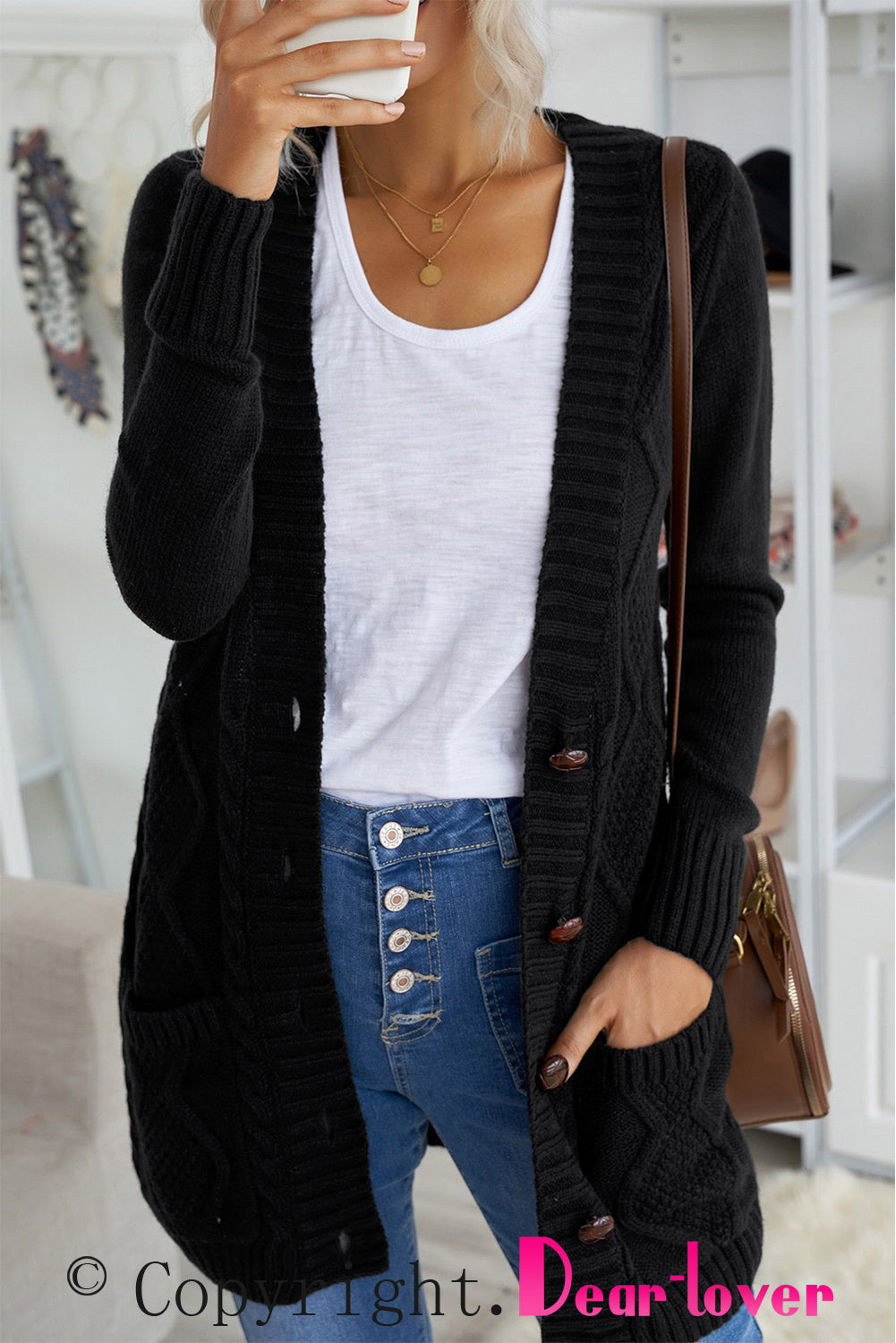 Blue Front Pocket and Buttons Closure Cardigan