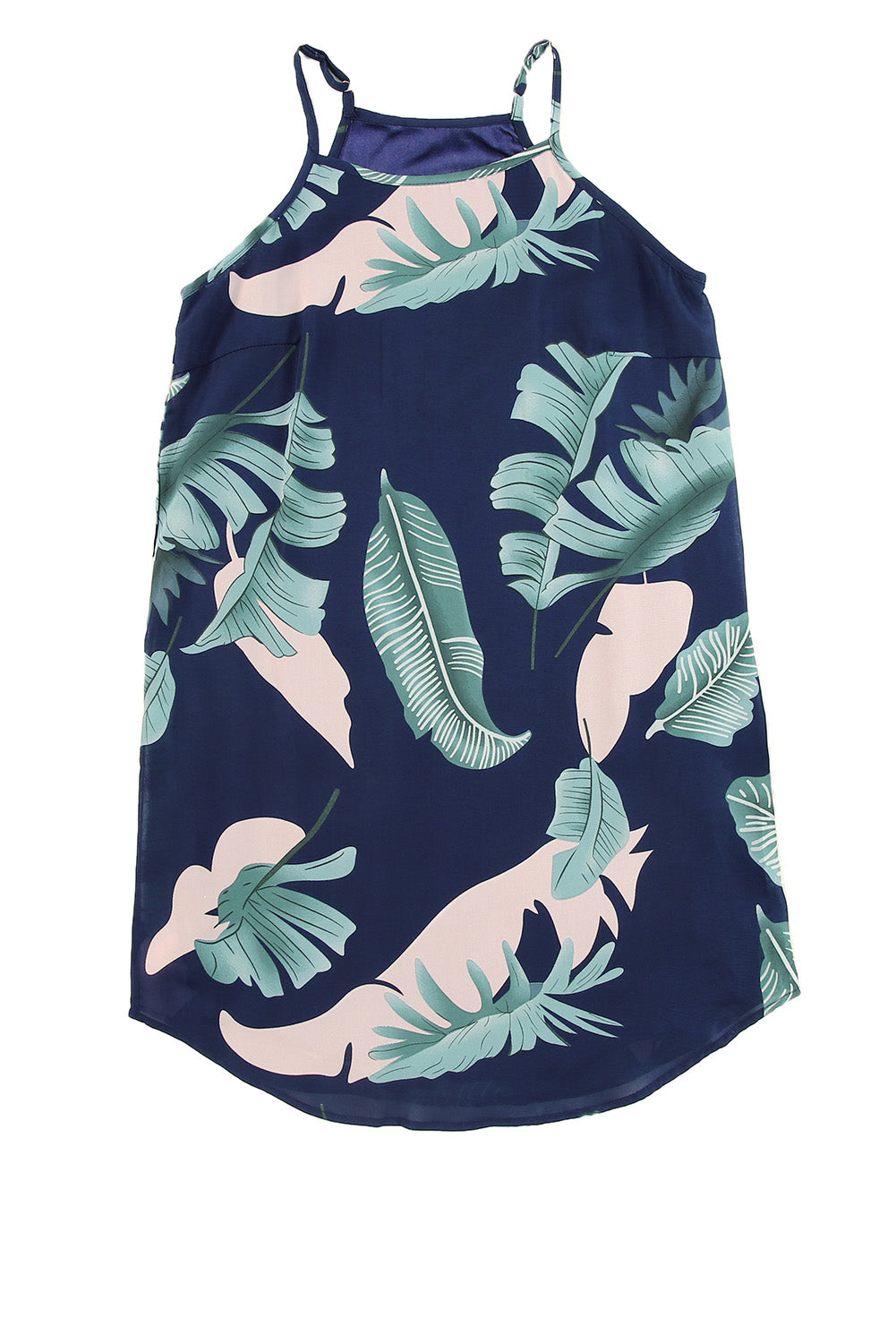 Palm Tree Leaf Print Navy Sleeveless Dress