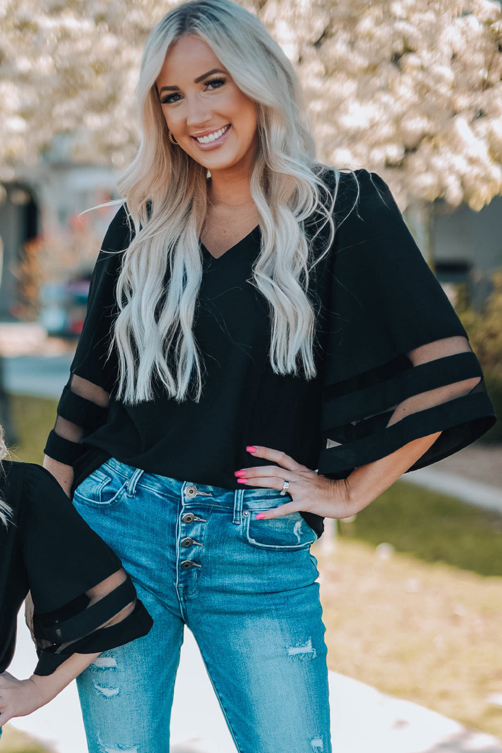 Green Flare Sleeve V Neck Loose Blouse