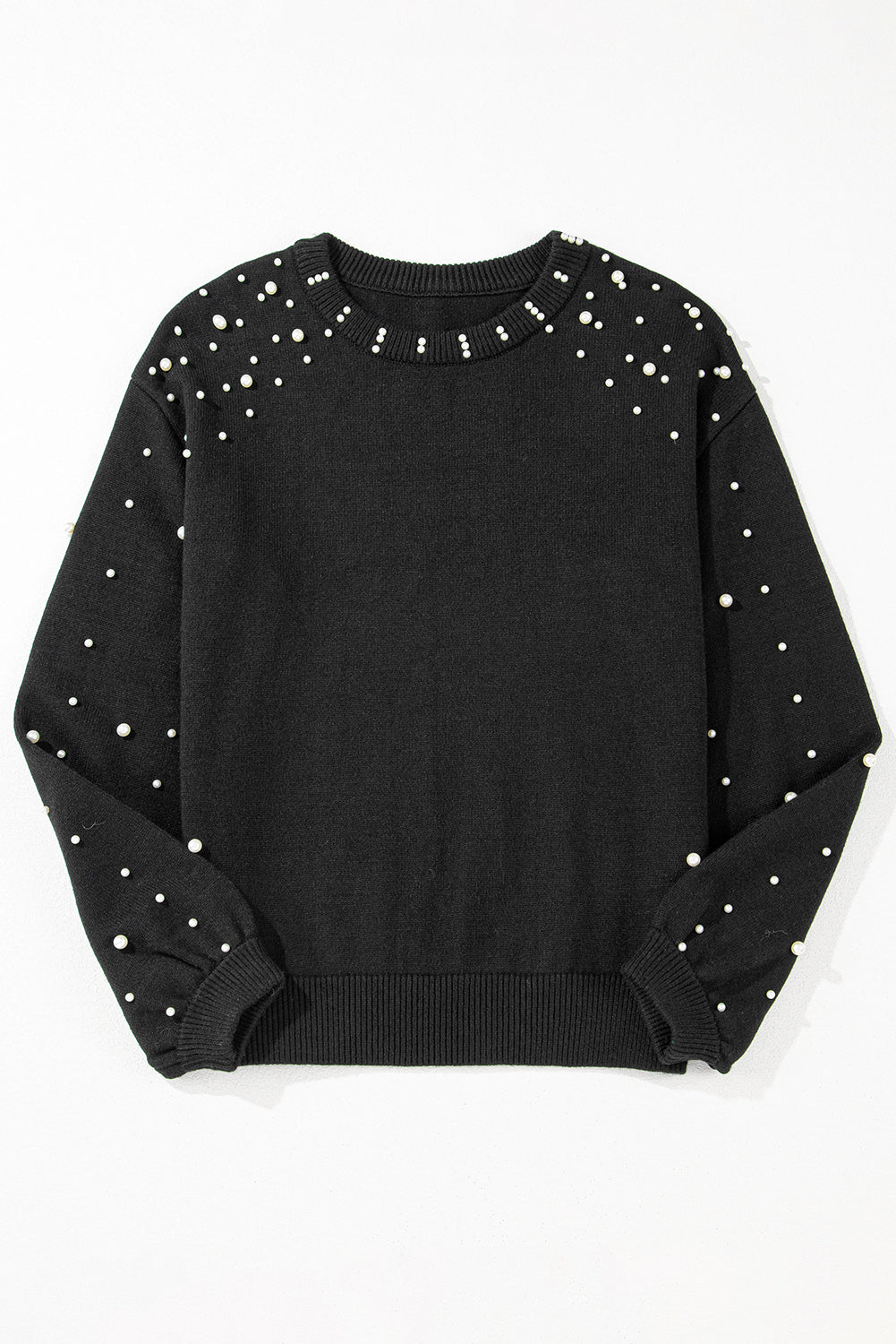 Light Grey Pearled Drop Shoulder Round Neck Sweater