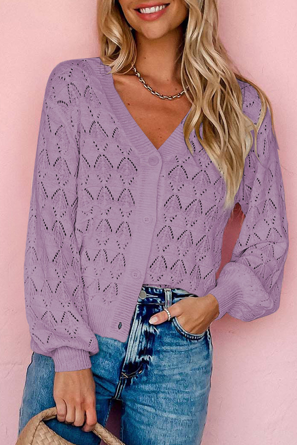 Blue Lightweight Buttoned Front Crochet Cardigan