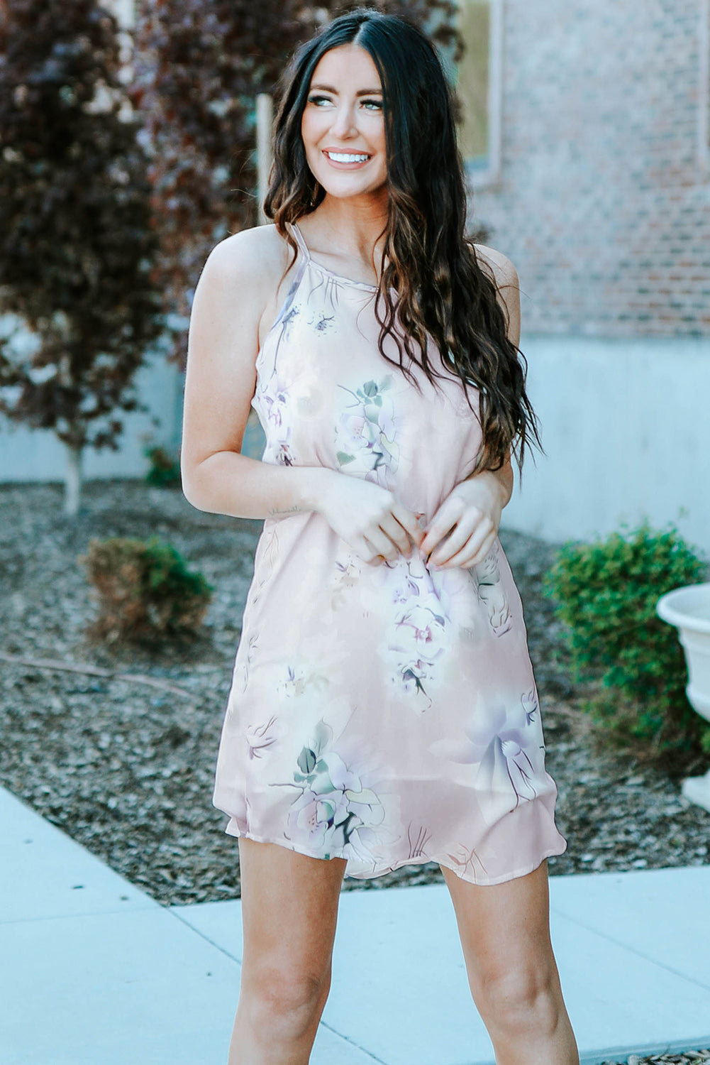 Palm Tree Leaf Print Navy Sleeveless Dress