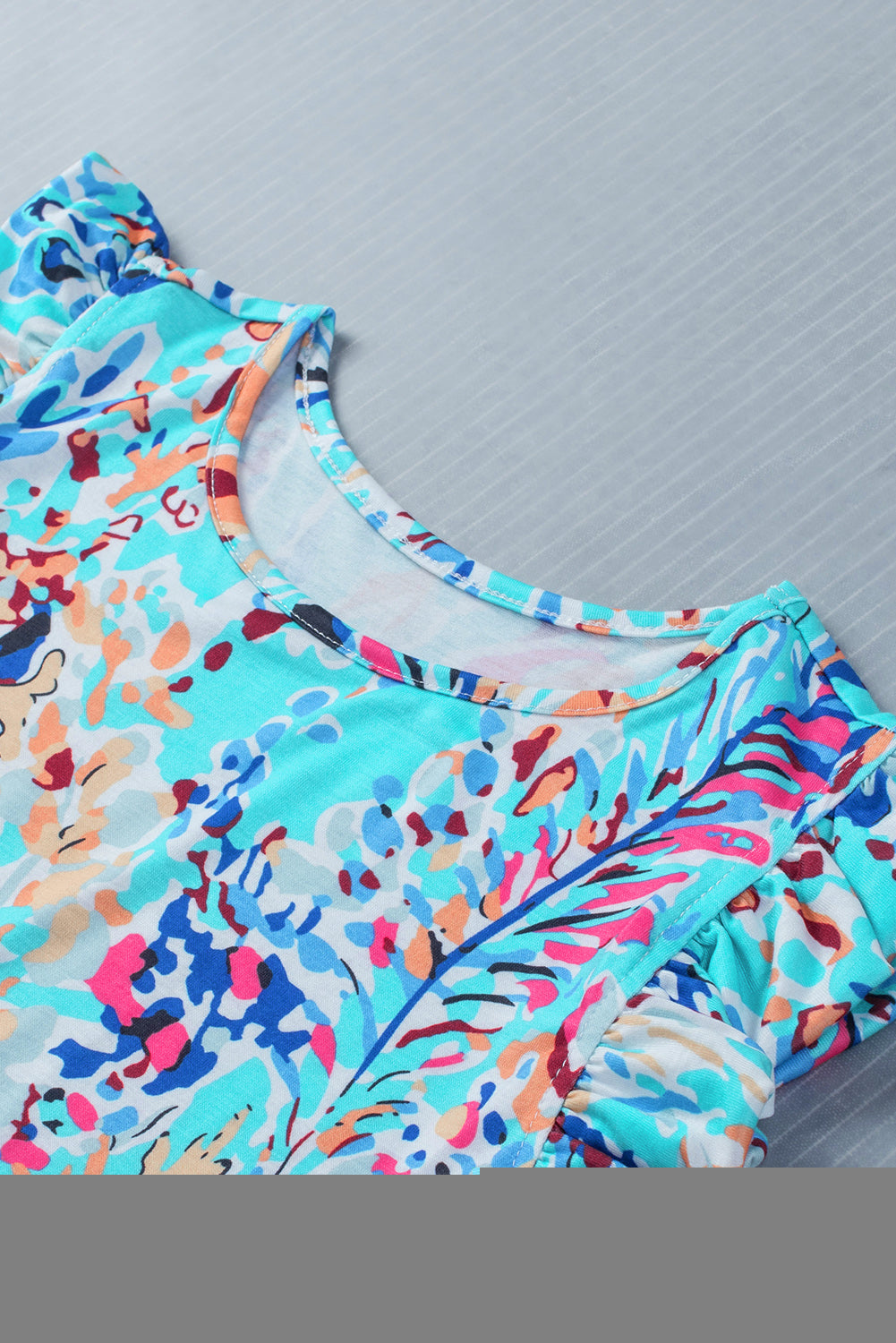 Blue Floral Print Tank Top with Ruffles