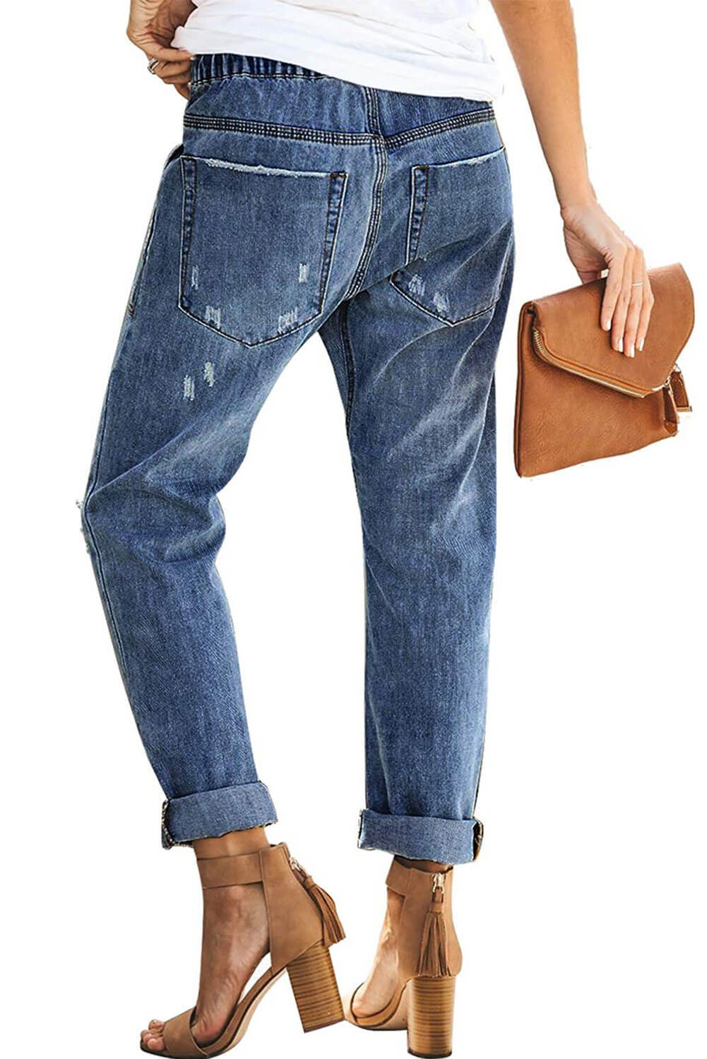 Sky Blue Gather Round Distressed Pocketed Denim Jogger