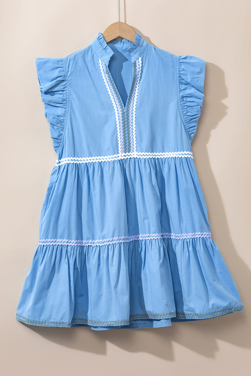 Strawberry Pink Ric Rac Colorblock Flutter Sleeve V Neck Tiered Dress