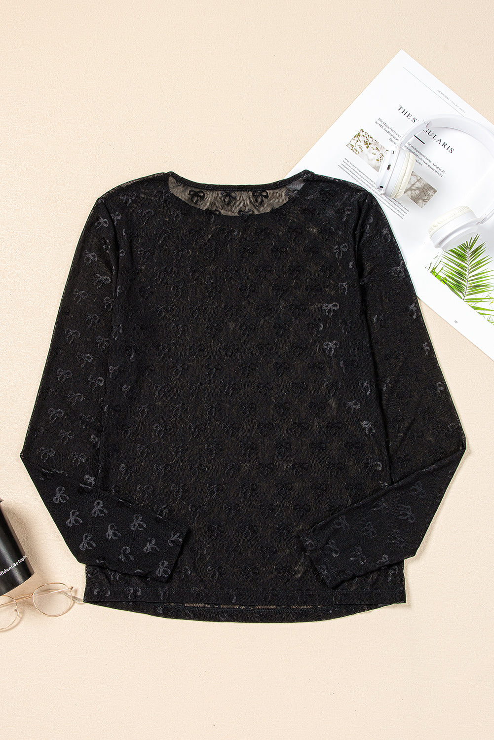 White Mesh Bow Pattern Long Sleeve Top