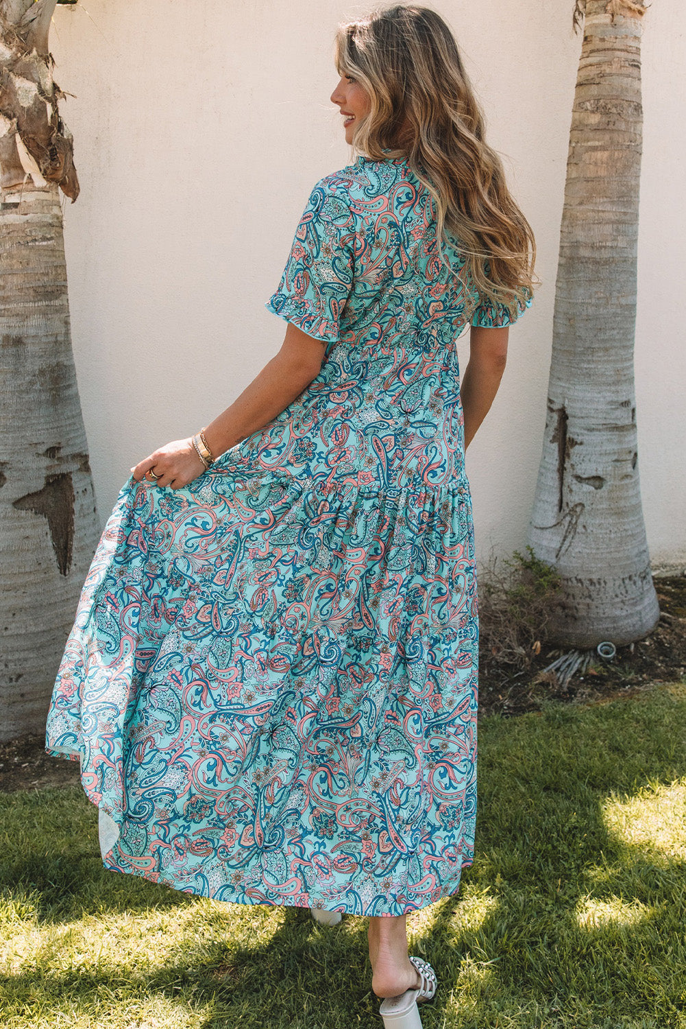 Pink Paisley Print Boho Holiday Ruffle Tiered Maxi Dress