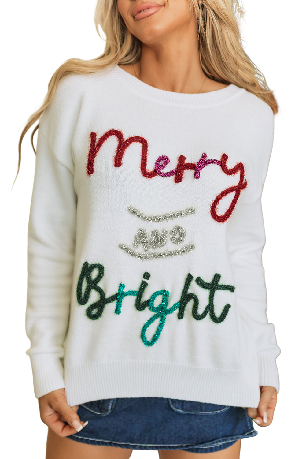 Black Tinsel Merry and Bright Graphic Christmas Sweater