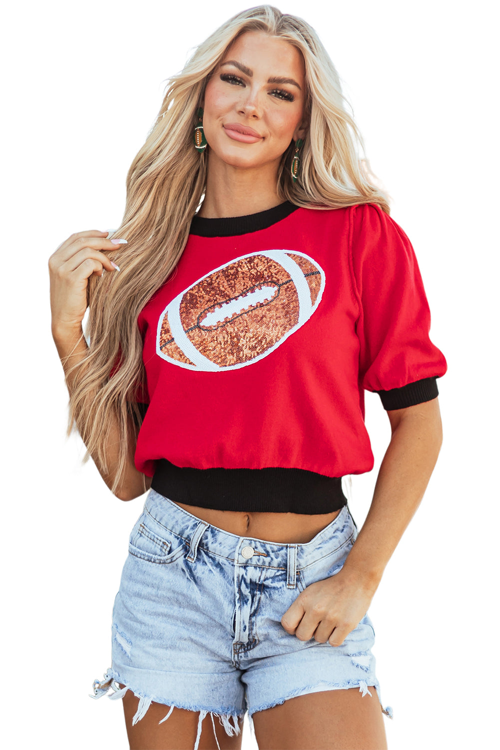 Purple Sequin Rugby Color Block Puff Short Sleeve Sweater
