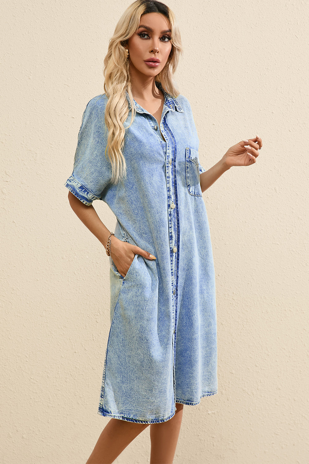 Light Blue Loose Medium Wash Short Sleeve Shirt Chambray Dress