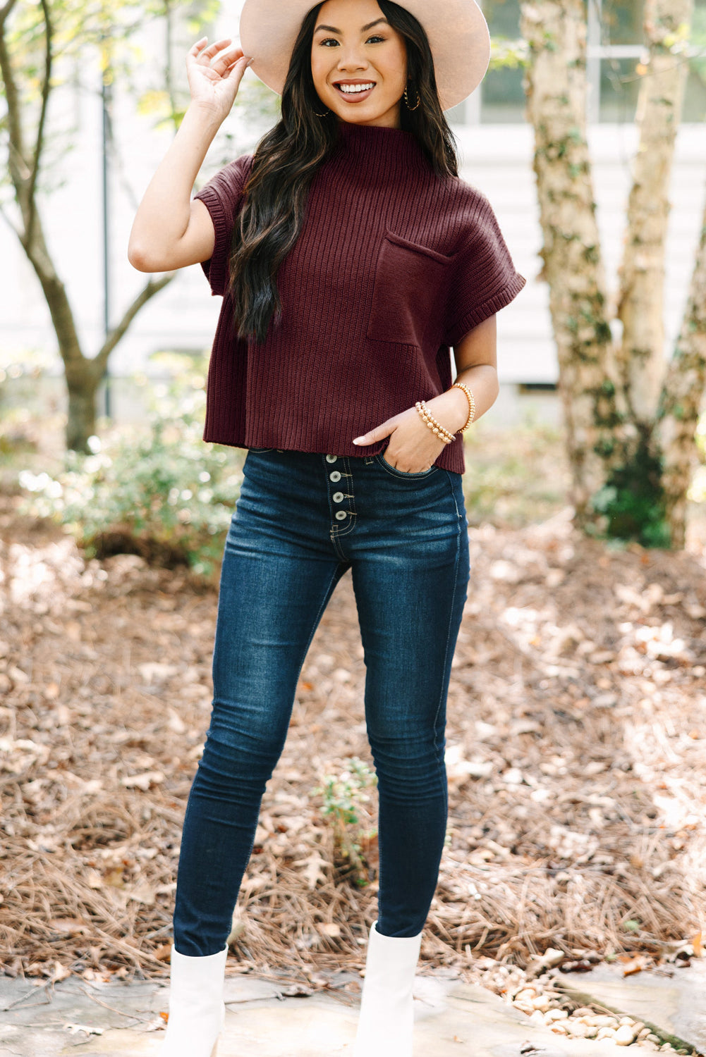 Beau Blue Patch Pocket Ribbed Knit Short Sleeve Sweater