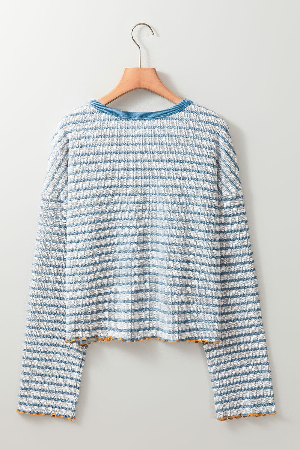 Green Stripe Textured Frilly Trim Buttons Henley Long Sleeve Top