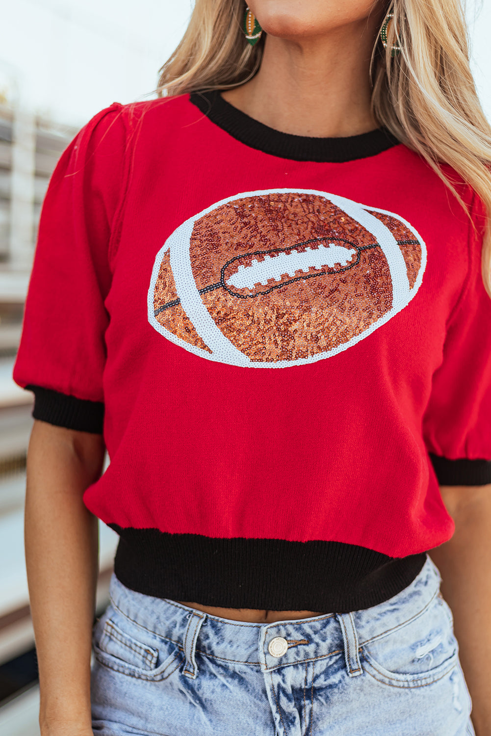Purple Sequin Rugby Color Block Puff Short Sleeve Sweater