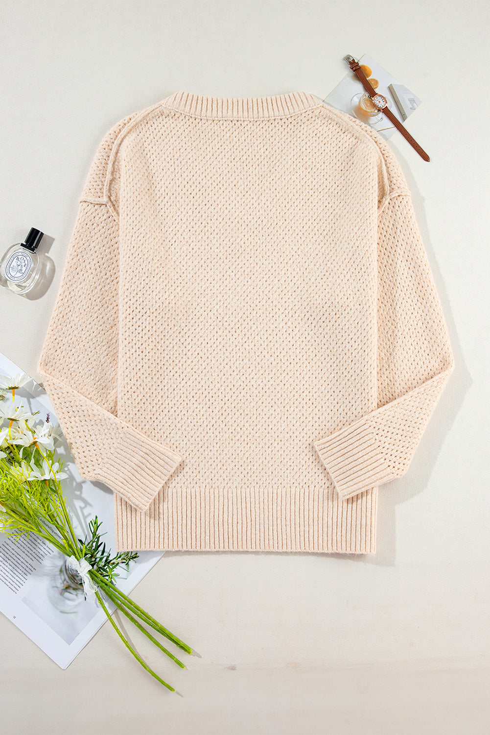 Jungle Green Loose Eyelet V Neck Drop Shoulder Sweater