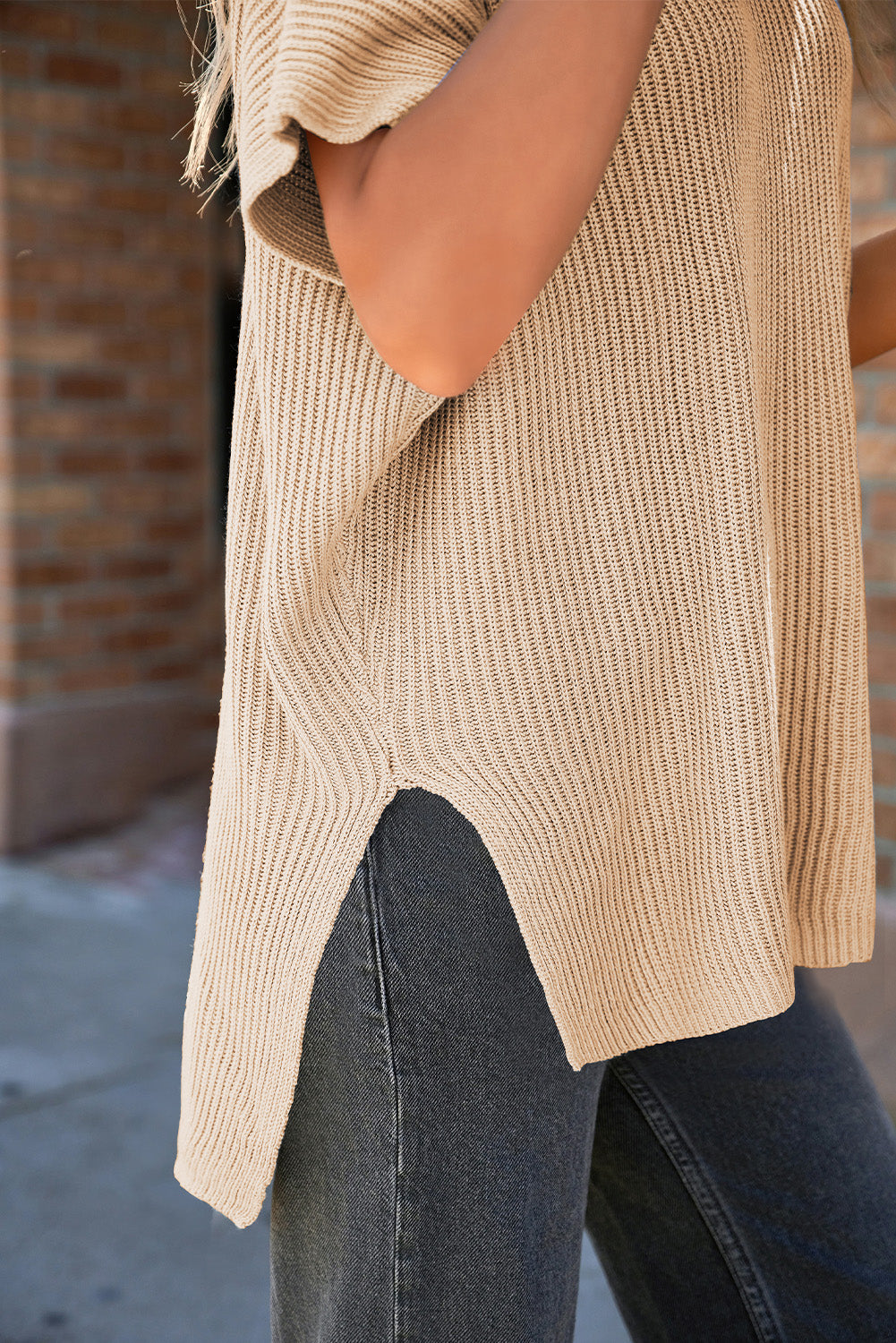 Haze Blue Short Sleeve Side Slit Oversized Sweater