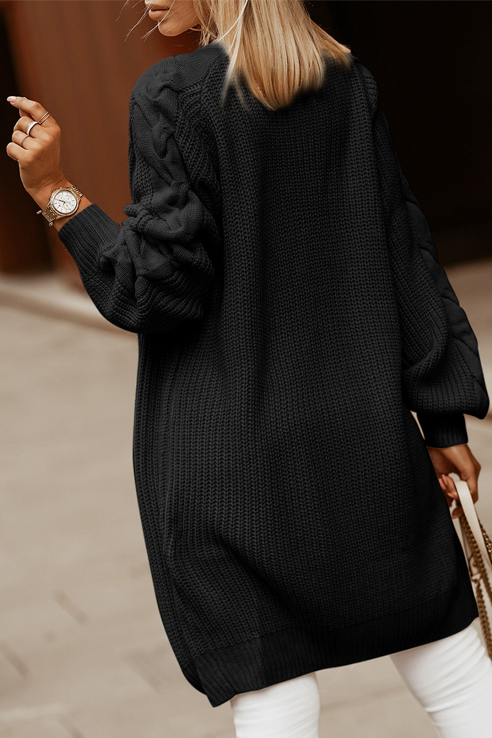 Khaki Open Front Cable Sleeve Long Cardigan