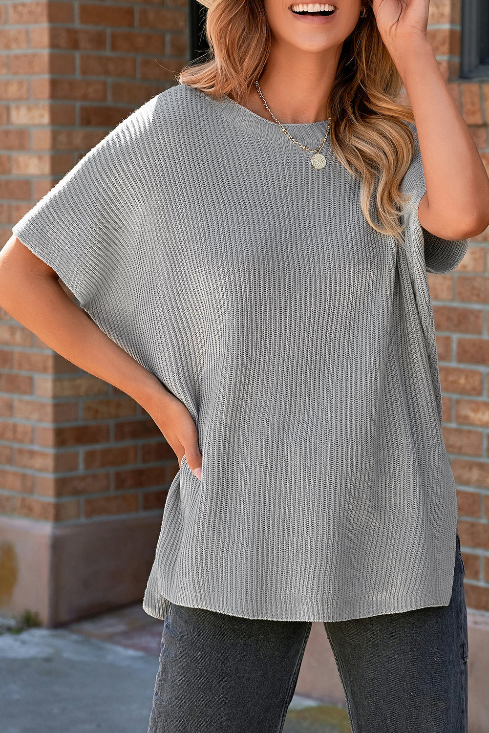 Haze Blue Short Sleeve Side Slit Oversized Sweater