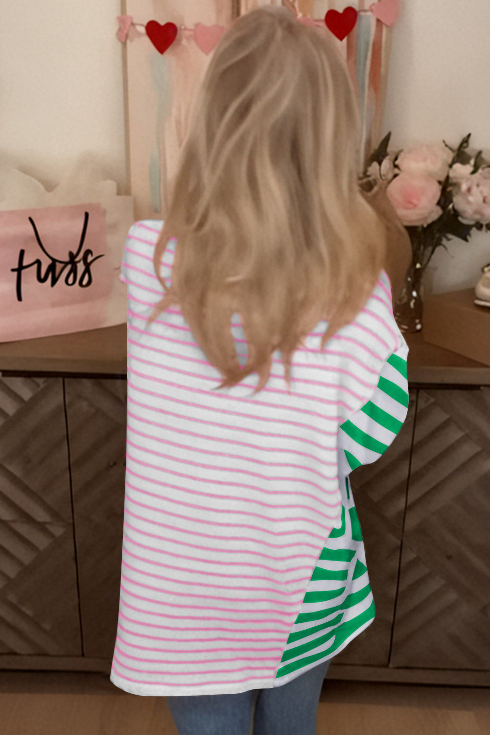 Blue Stripe Colorblock Patchwork Baggy T Shirt