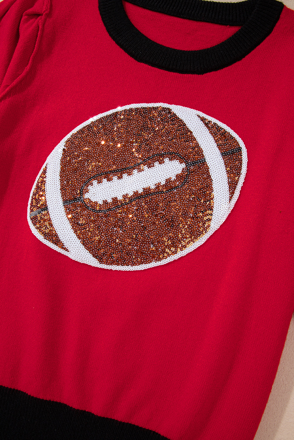 Purple Sequin Rugby Color Block Puff Short Sleeve Sweater