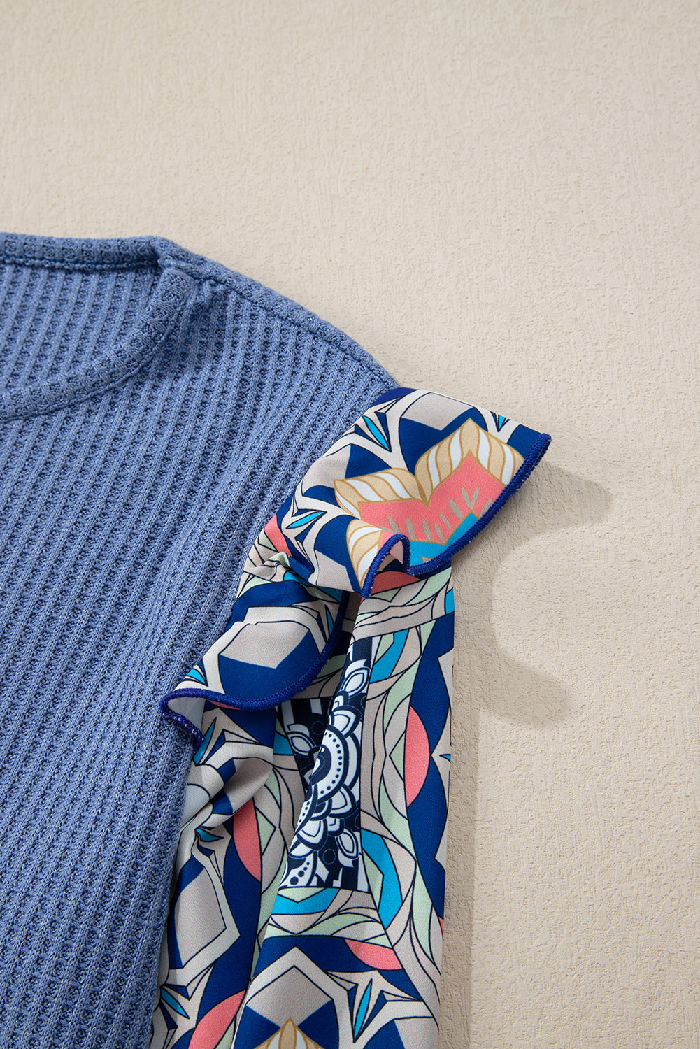 Coffee Ruffled Floral Sleeve Patchwork Waffle Knit O Neck Blouse