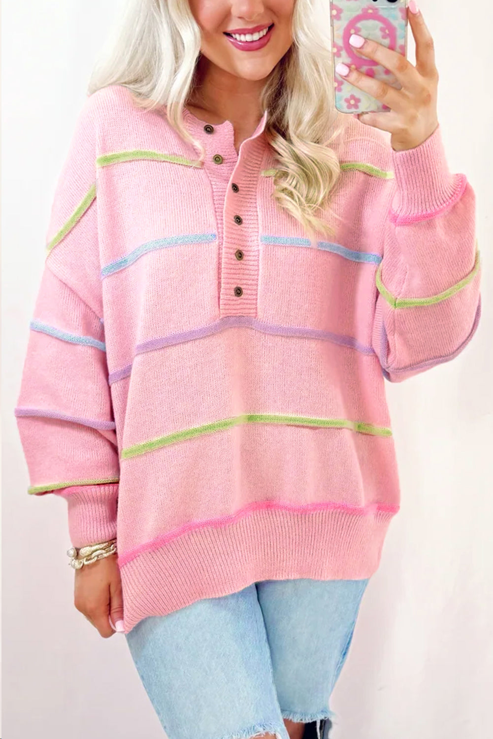 White Rainbow Stripes Drop Shoulder Baggy Henley Sweater
