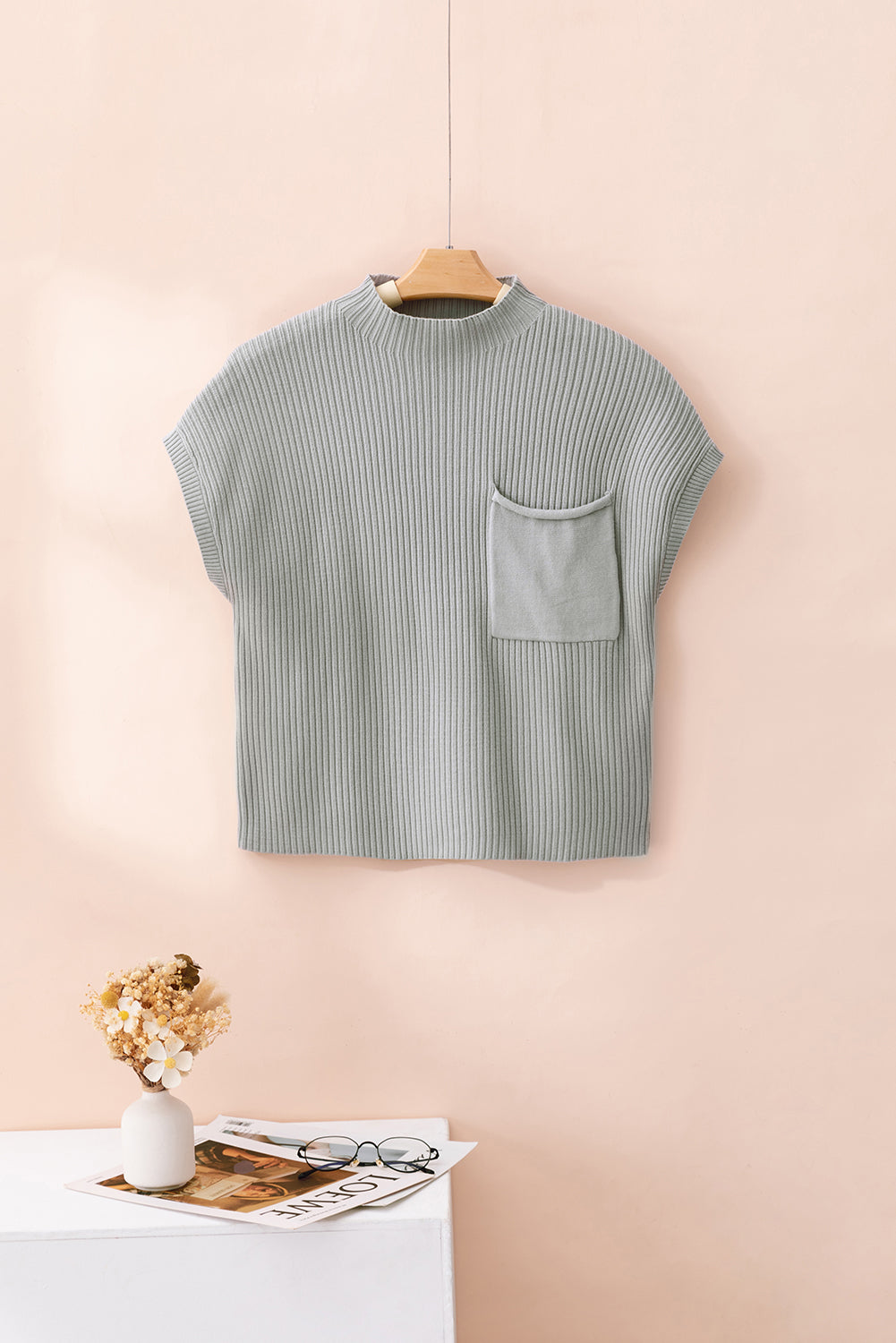 Beau Blue Patch Pocket Ribbed Knit Short Sleeve Sweater