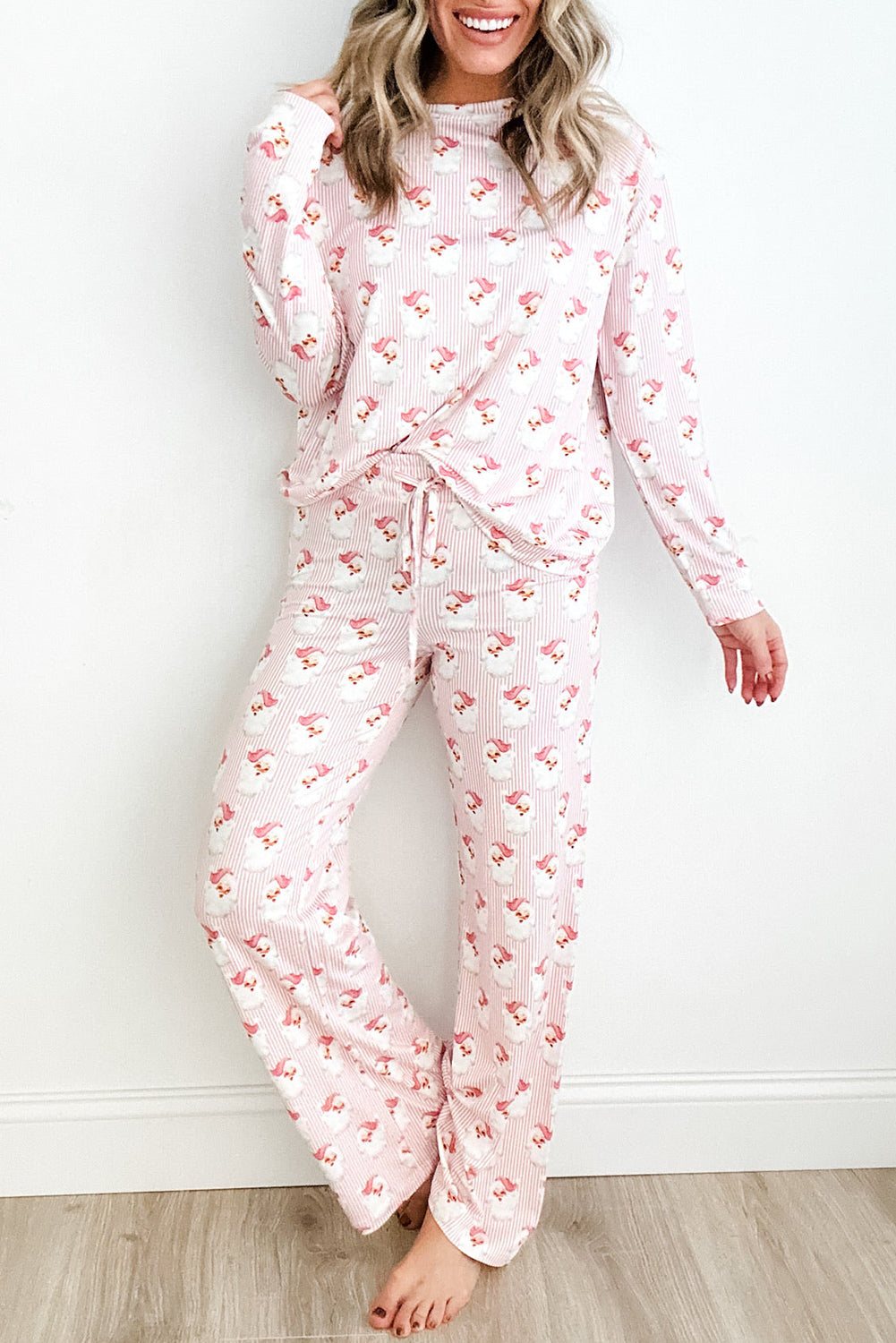 Sky Blue Santa Claus Striped Print Loose Fit Two Piece Lounge Set