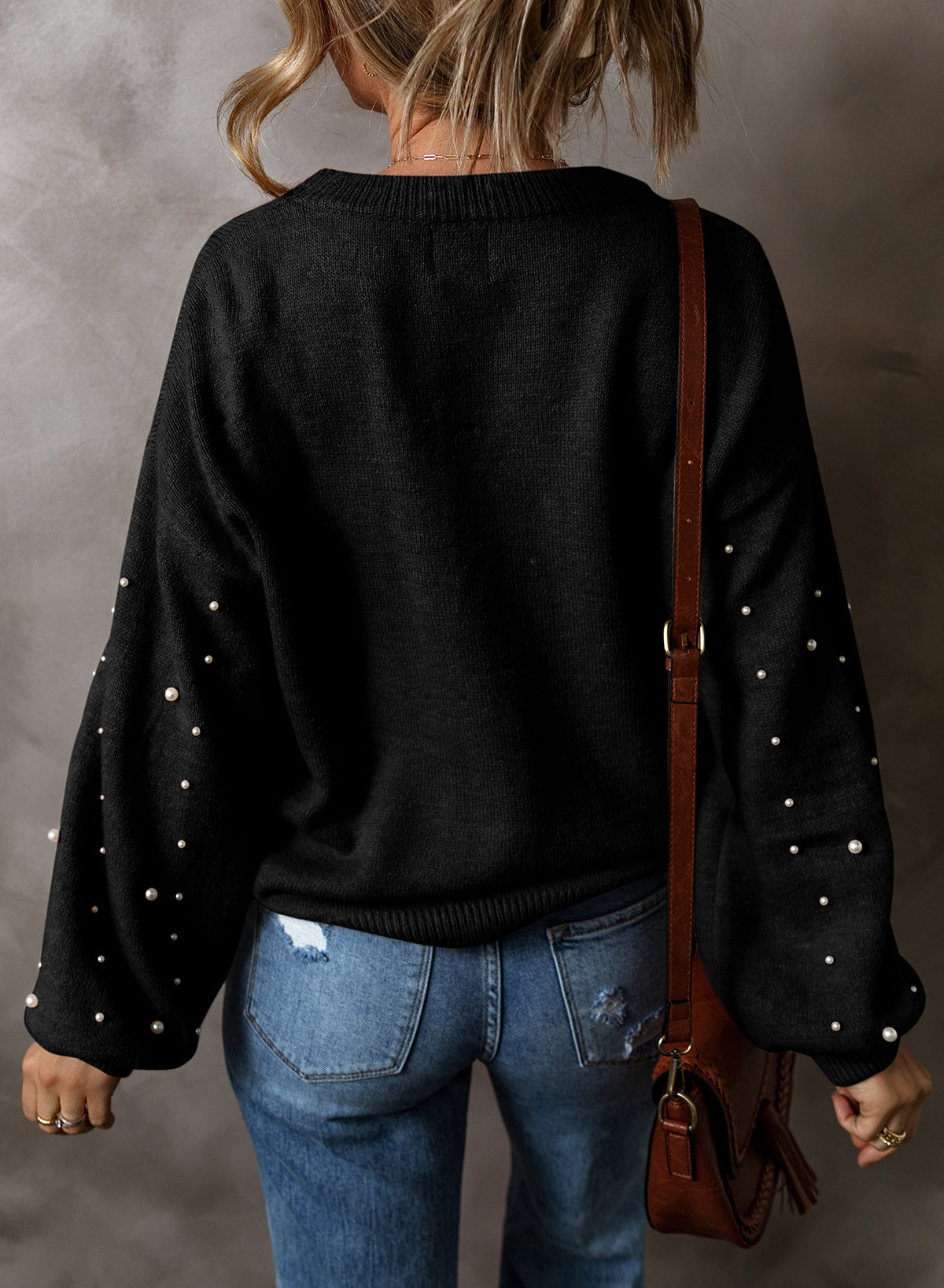 Light Grey Pearled Drop Shoulder Round Neck Sweater