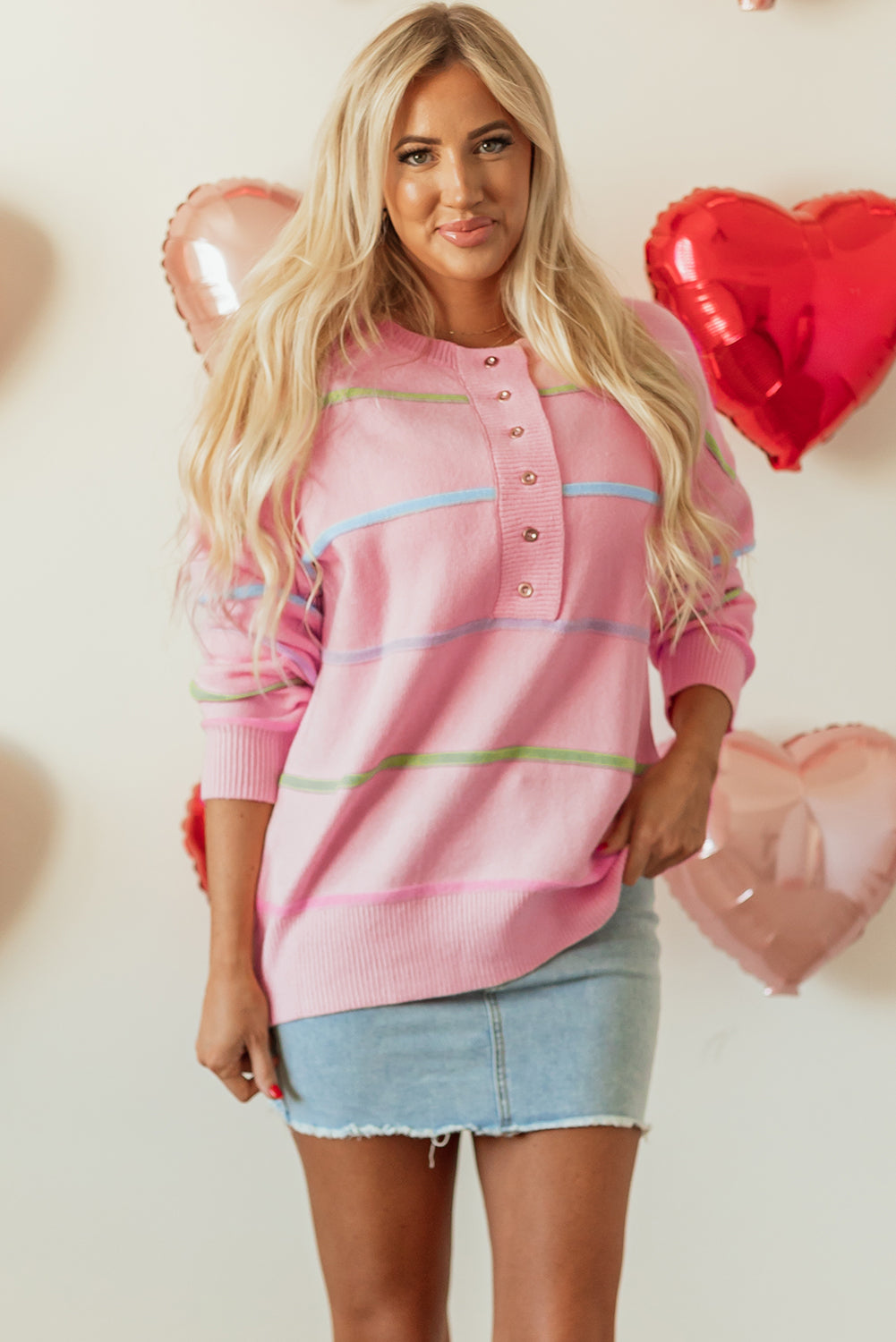 White Rainbow Stripes Drop Shoulder Baggy Henley Sweater