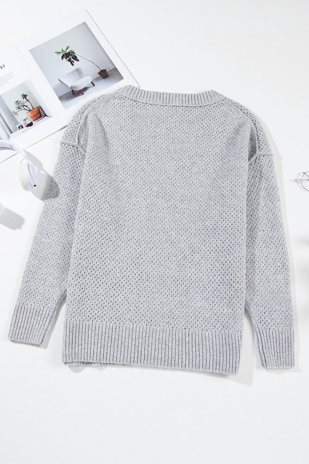 Jungle Green Loose Eyelet V Neck Drop Shoulder Sweater