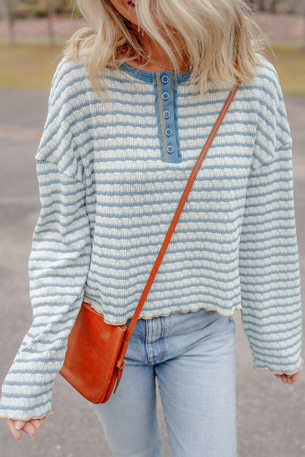 Green Stripe Textured Frilly Trim Buttons Henley Long Sleeve Top