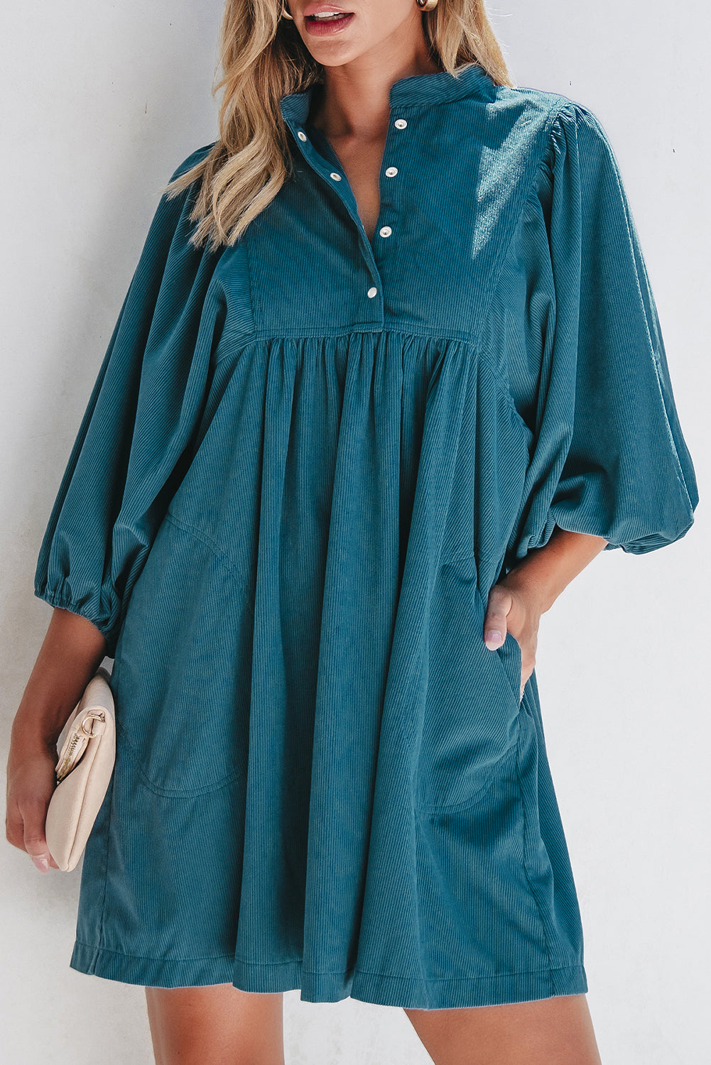 Gold Flame Corduroy Snap Buttons Empire Waist Bracelet Sleeve Dress